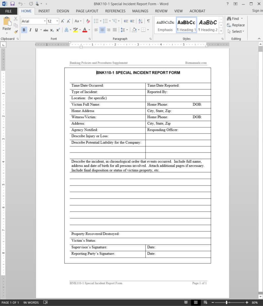 Special Incident Report Template | Bnk110 1 Pertaining To Itil Incident Report Form Template