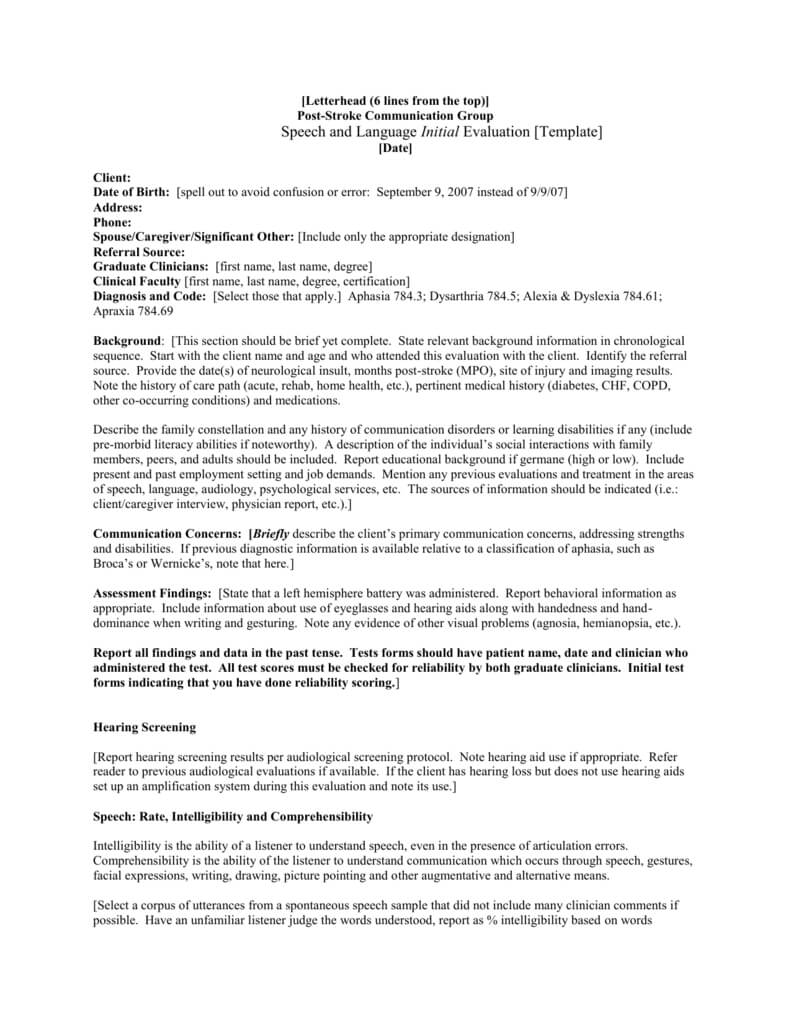 Speech And Language Initial Evaluation [Template] Pertaining To Speech And Language Report Template