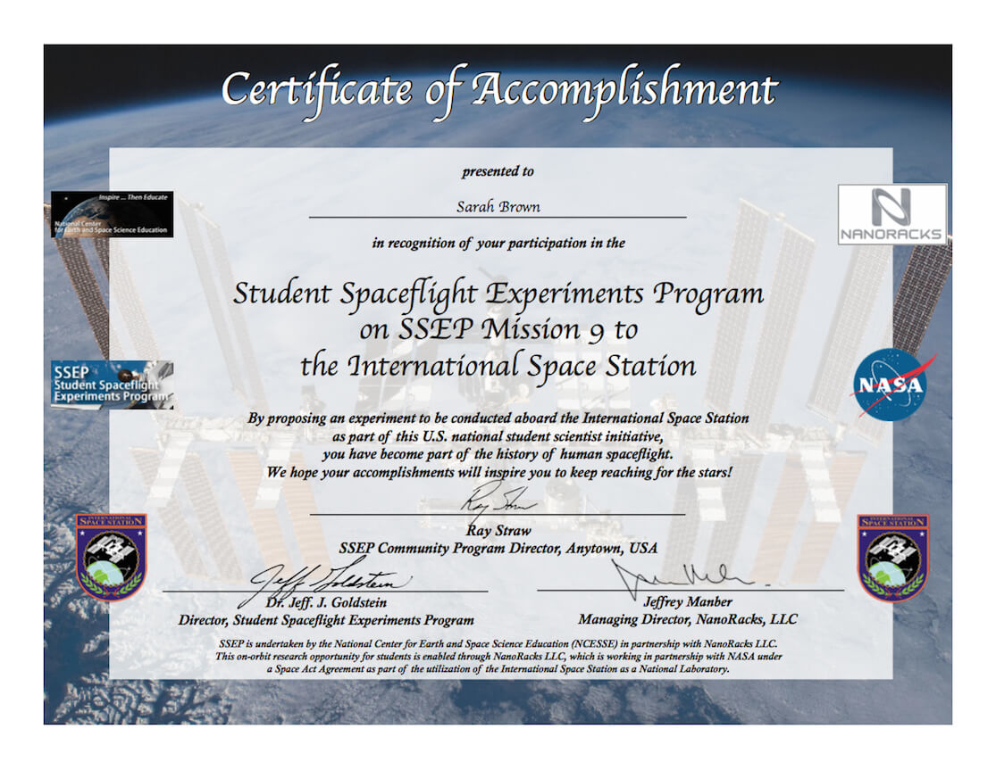 Ssep Mission 9 To Iss Student Certificates Of Accomplishment In International Conference Certificate Templates