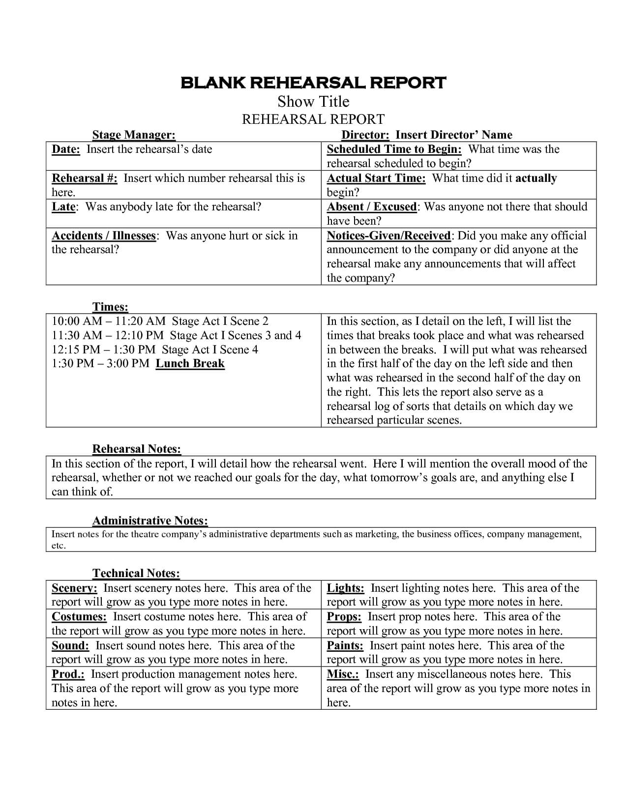 Stage Manager Rehearsal Report – Google Search In 2019 With Rehearsal Report Template