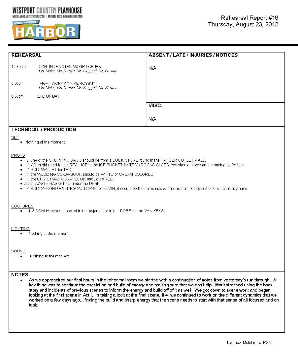 Stage Manager Rehearsal Report – Google Search | Management For Rehearsal Report Template