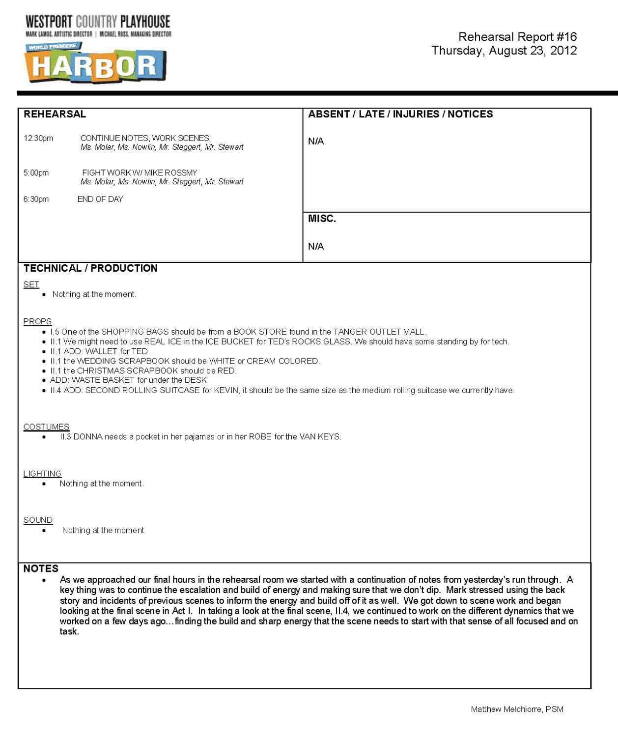 Stage Manager Rehearsal Report – Google Search | Management For Rehearsal Report Template