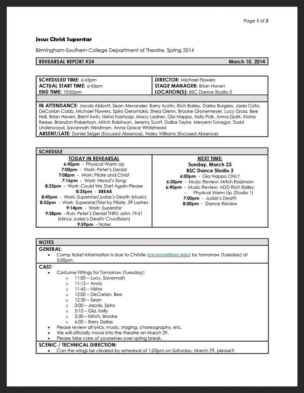 Stage Manager Rehearsal Report – Google Search | Stage For Rehearsal Report Template