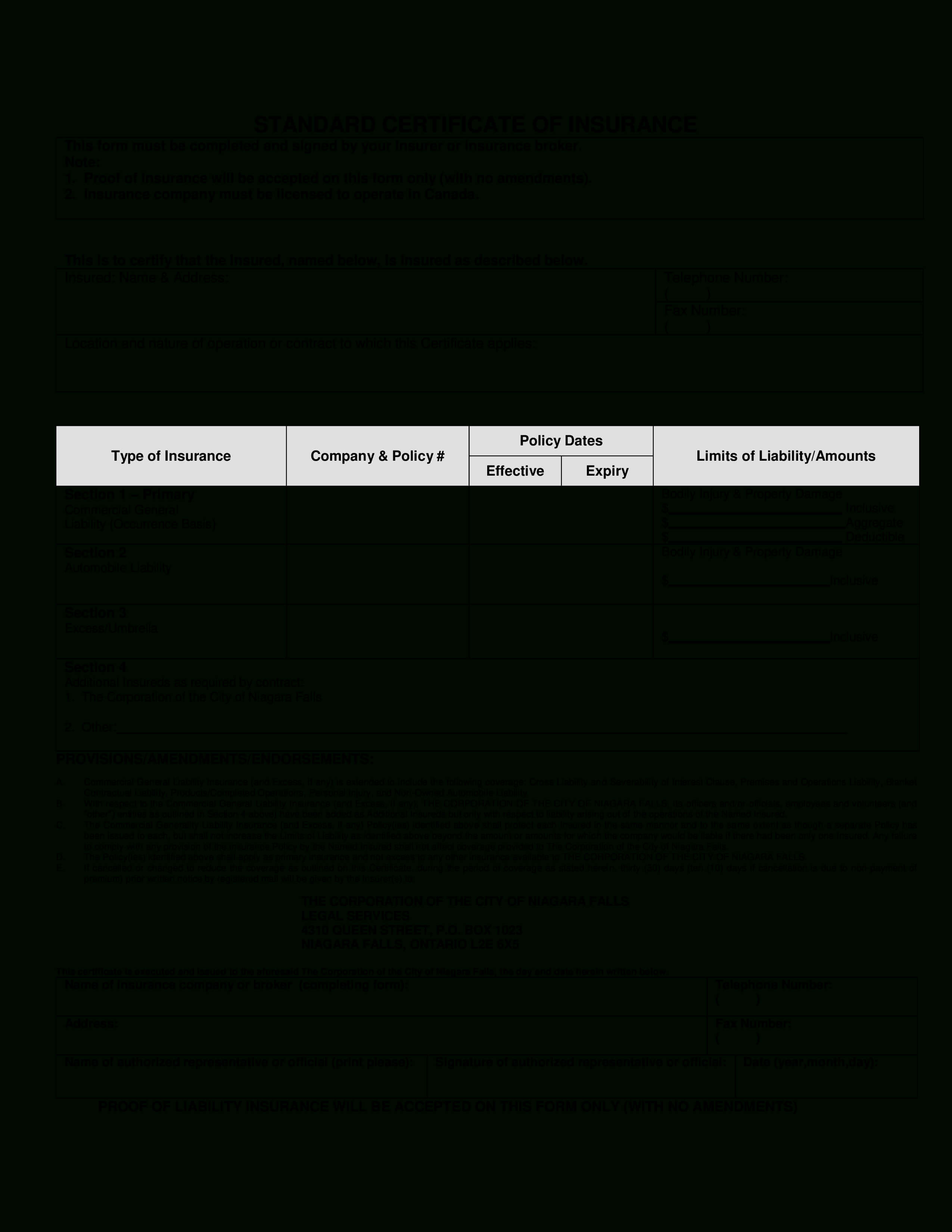 Standard Certificate Of Insurance | Templates At Inside Certificate Of Insurance Template