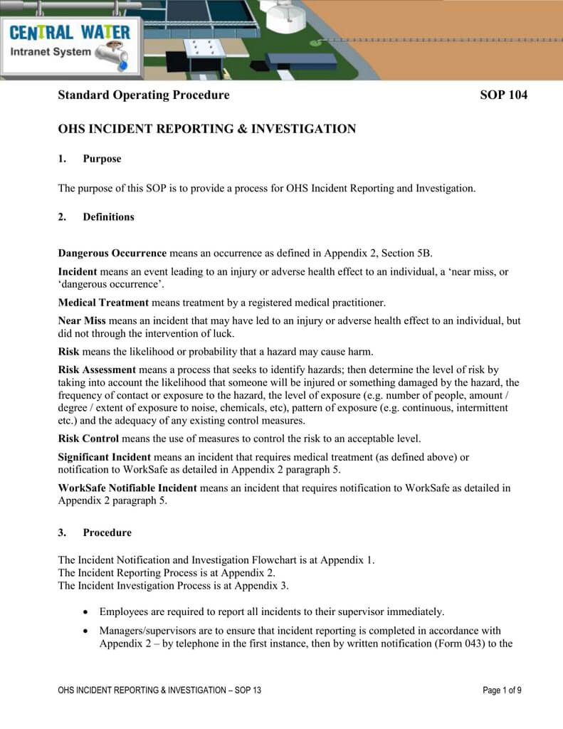 Standard Operating Procedure Sop 104 Ohs Incident Reporting With Ohs Incident Report Template Free