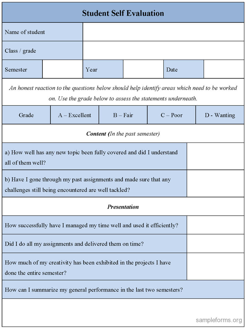 Student Self Evaluation Form : Sample Forms Intended For Student Feedback Form Template Word