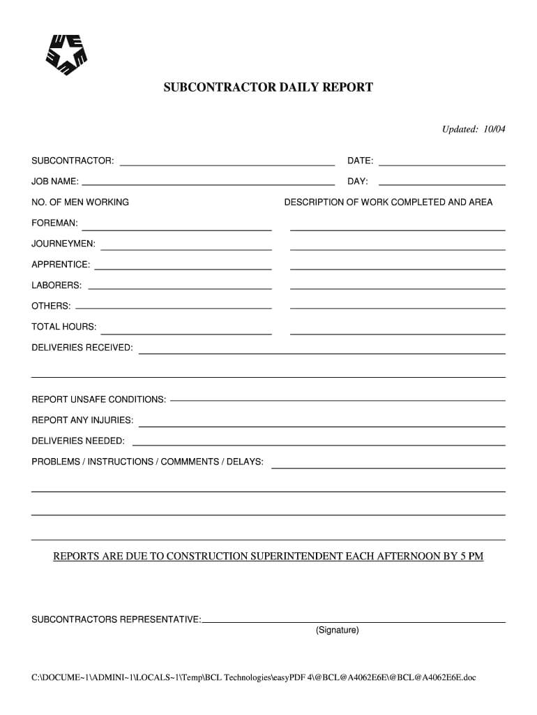 Subcontractor Daily Report – Fill Online, Printable Within Superintendent Daily Report Template