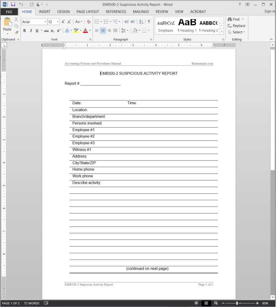 Suspicious Activity Report Template | Emb500 2 In Activity Report Template Word