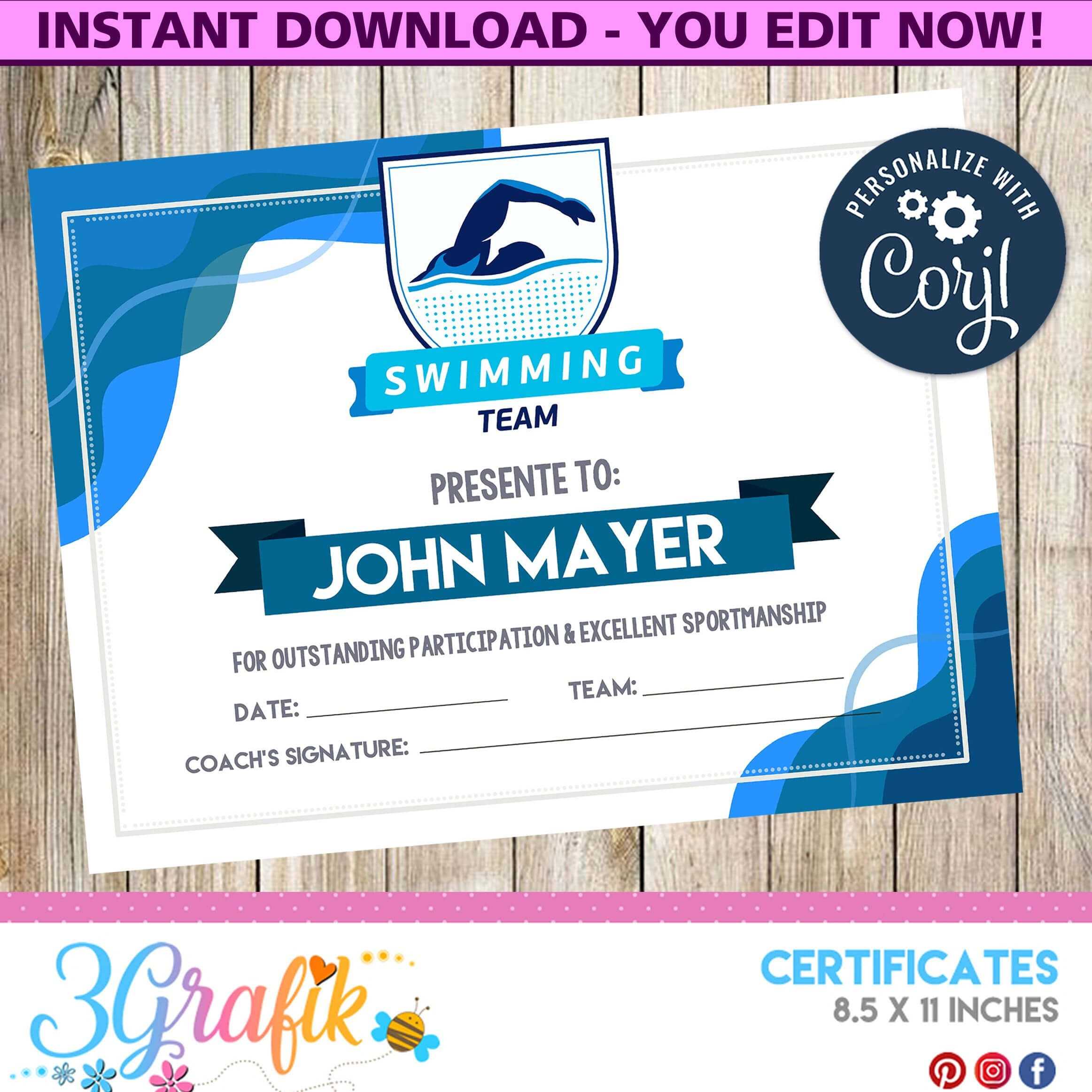 Swimming – Certificate – Printable – 3Grafik | Swimming Inside Free Swimming Certificate Templates