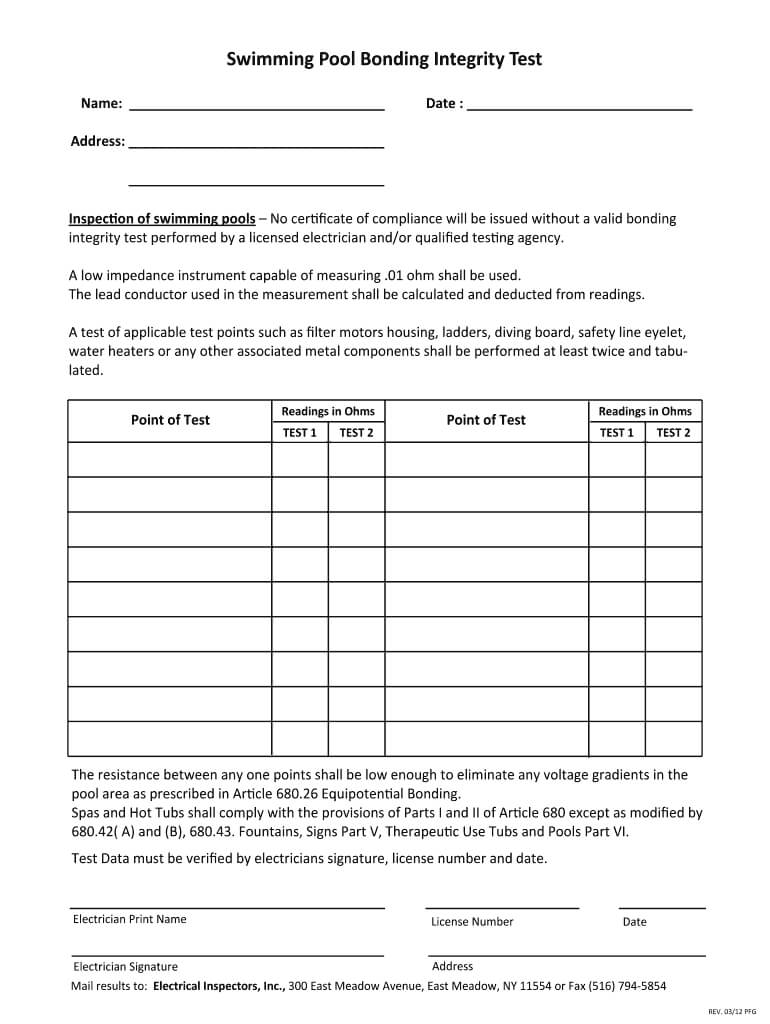 Swimming Pool Bonding Integrity Test – Fill Online In Megger Test Report Template