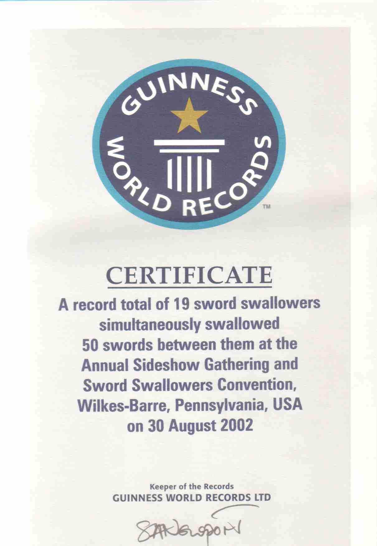 Sword Swallowers Association Intl Ssai Sword Swallowing Inside Guinness World Record Certificate Template