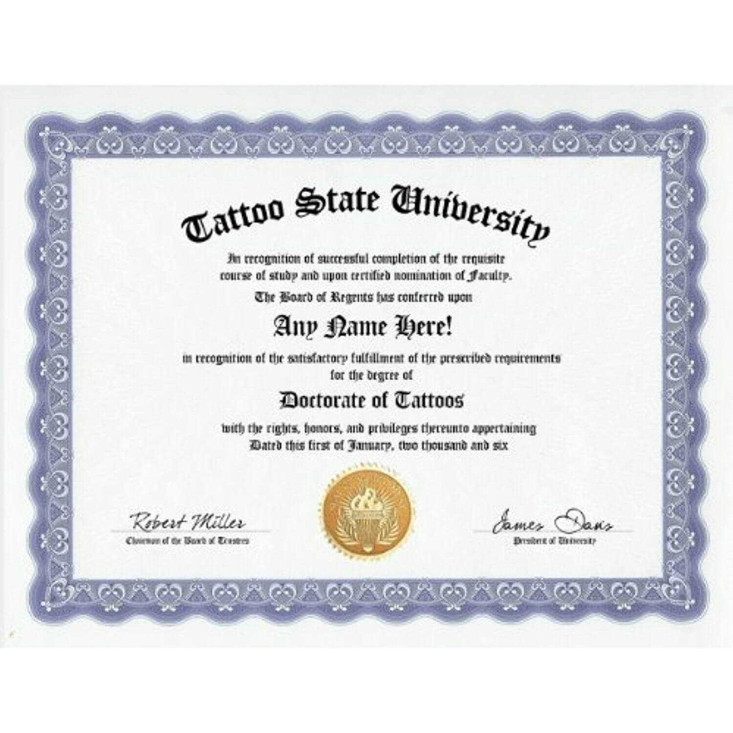 Tattoo Tattooing Body Art Degree: Custom Gag Diploma Inside Doctorate Certificate Template