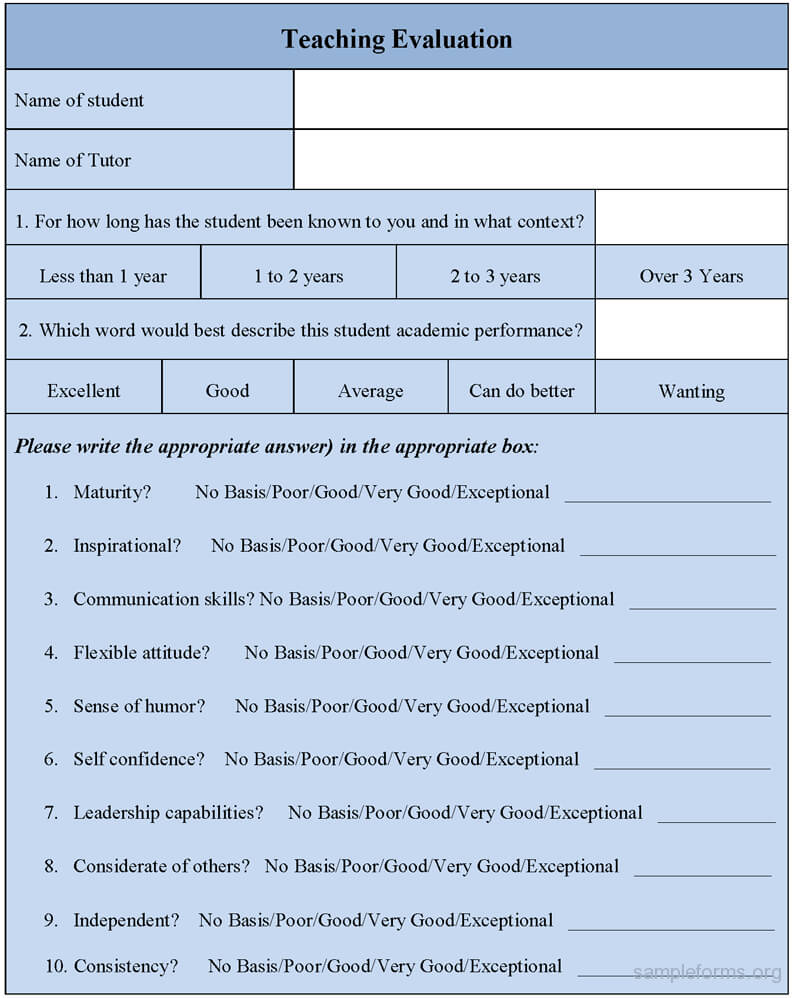Teaching Evaluation Form : Sample Forms Pertaining To Student Feedback Form Template Word