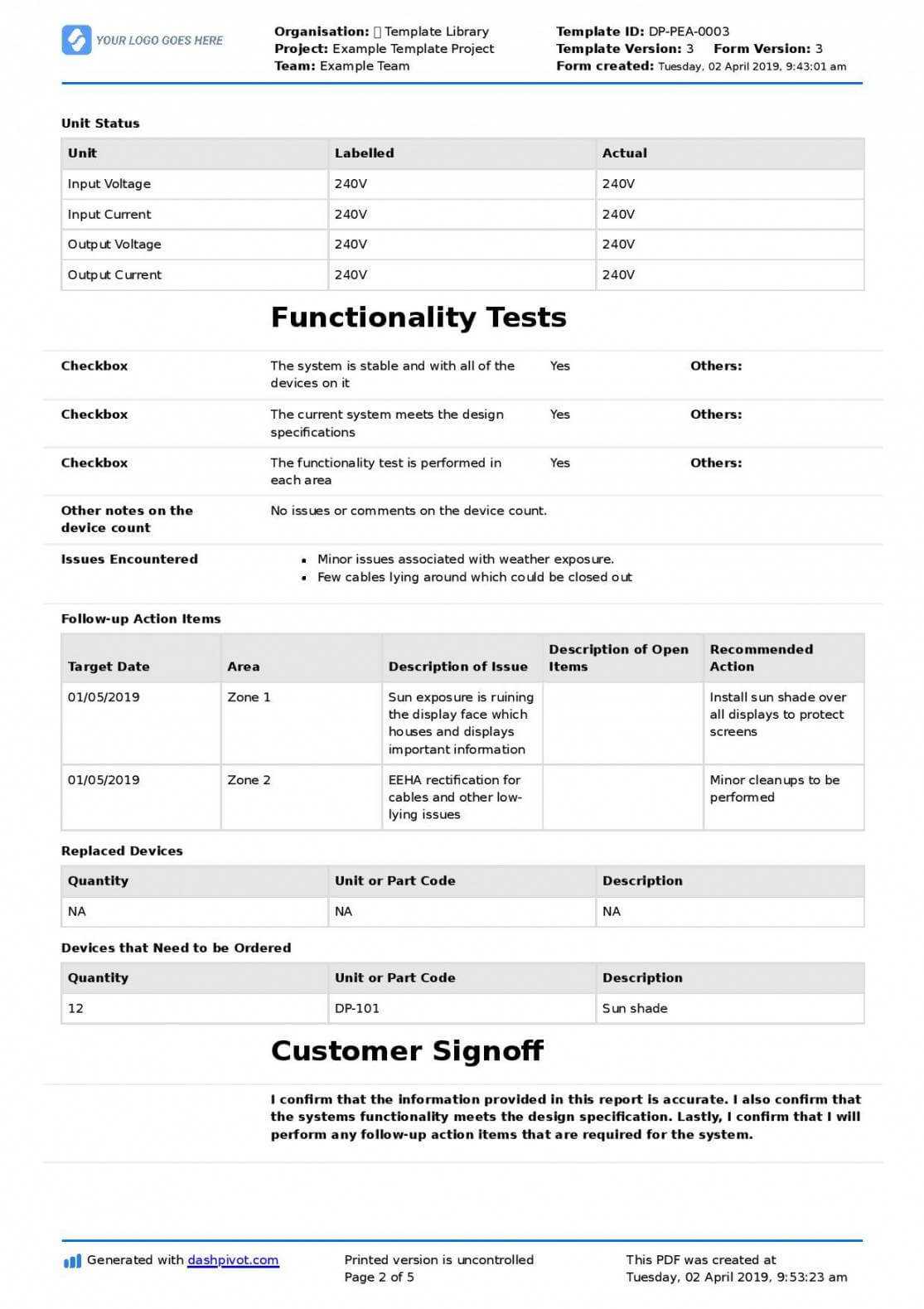 Technical Service Report Template In Field Report Template