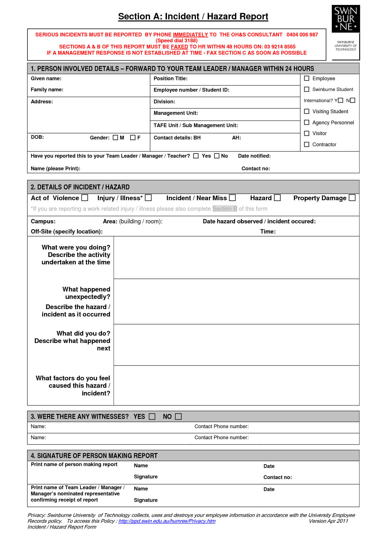 Technology Incident Report Template And Incident Report In Hazard Incident Report Form Template