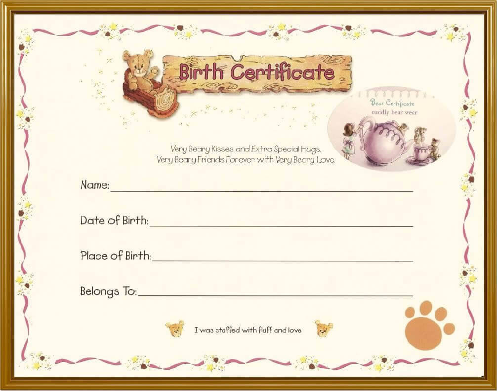 Teddy Bear Birth Certificate | Sarah | Birth Certificate For Baby Doll Birth Certificate Template