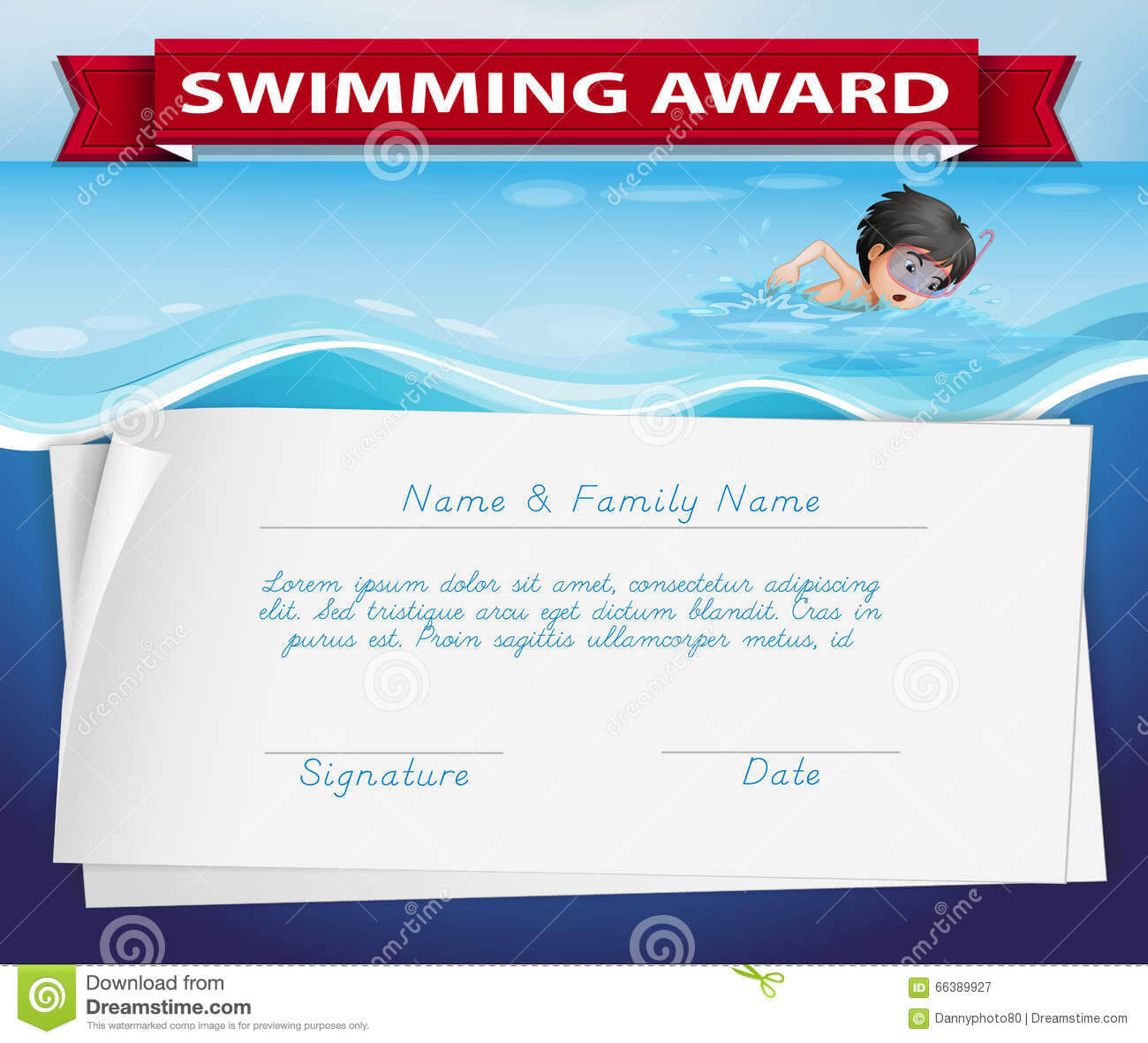 Template Of Certificate For Swimming Award Stock Vector Regarding Swimming Award Certificate Template