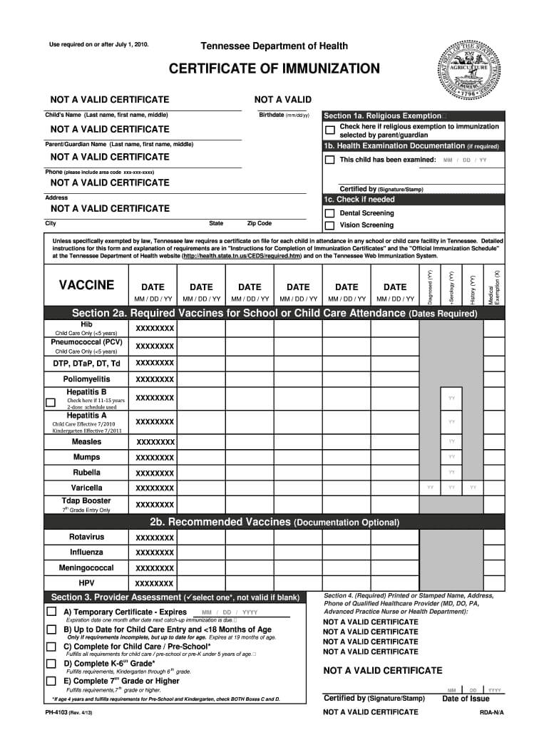 Tennessee Immunization Form – Fill Online, Printable Within Certificate Of Vaccination Template