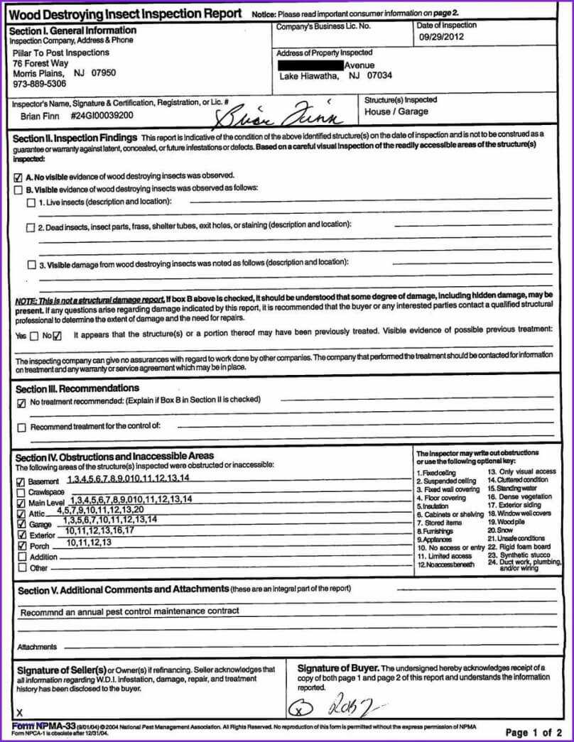 Termite Inspection Report Template Pertaining To Pest Control Inspection Report Template