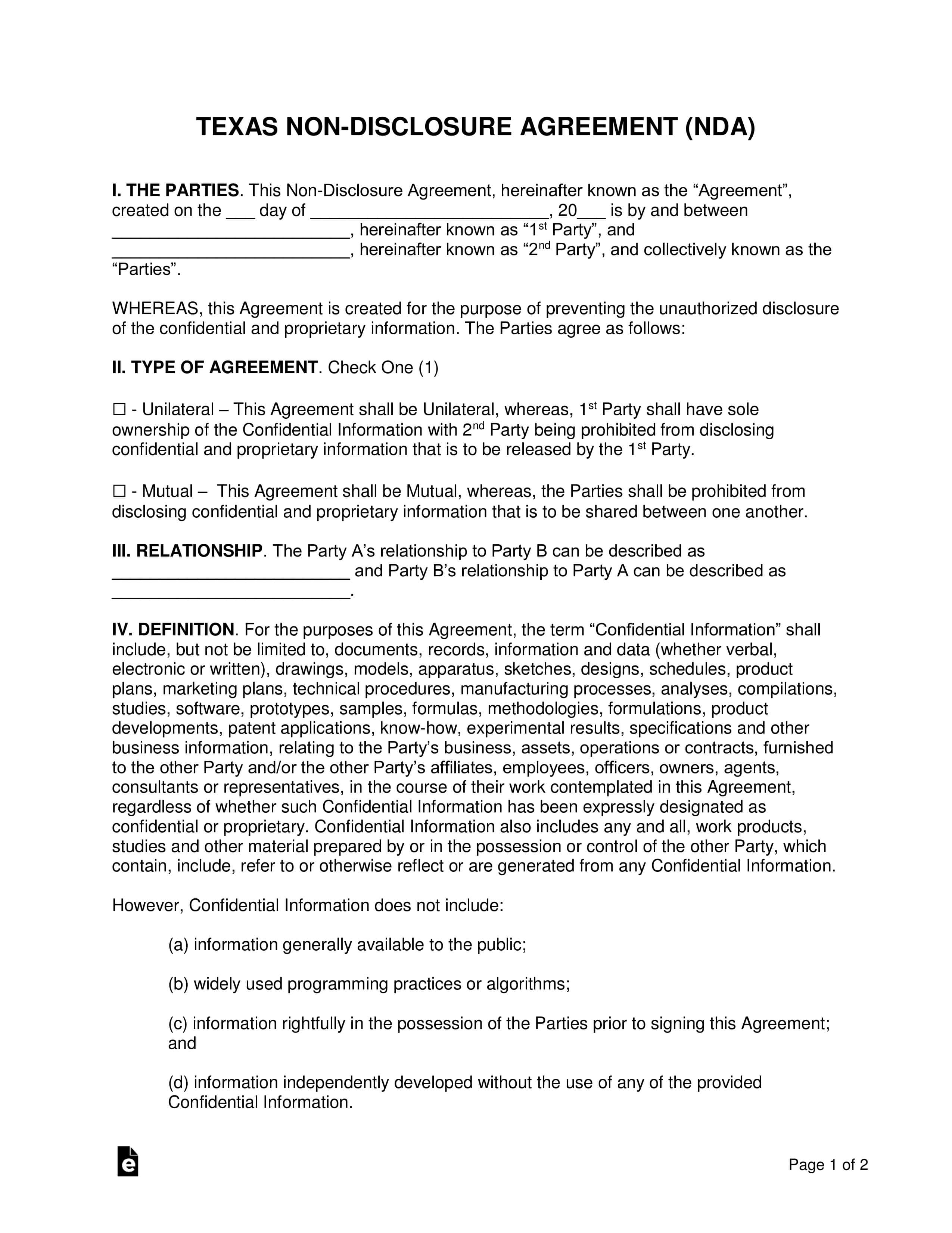 Texas Non Disclosure Agreement (Nda) Template | Eforms With Regard To Nda Template Word Document