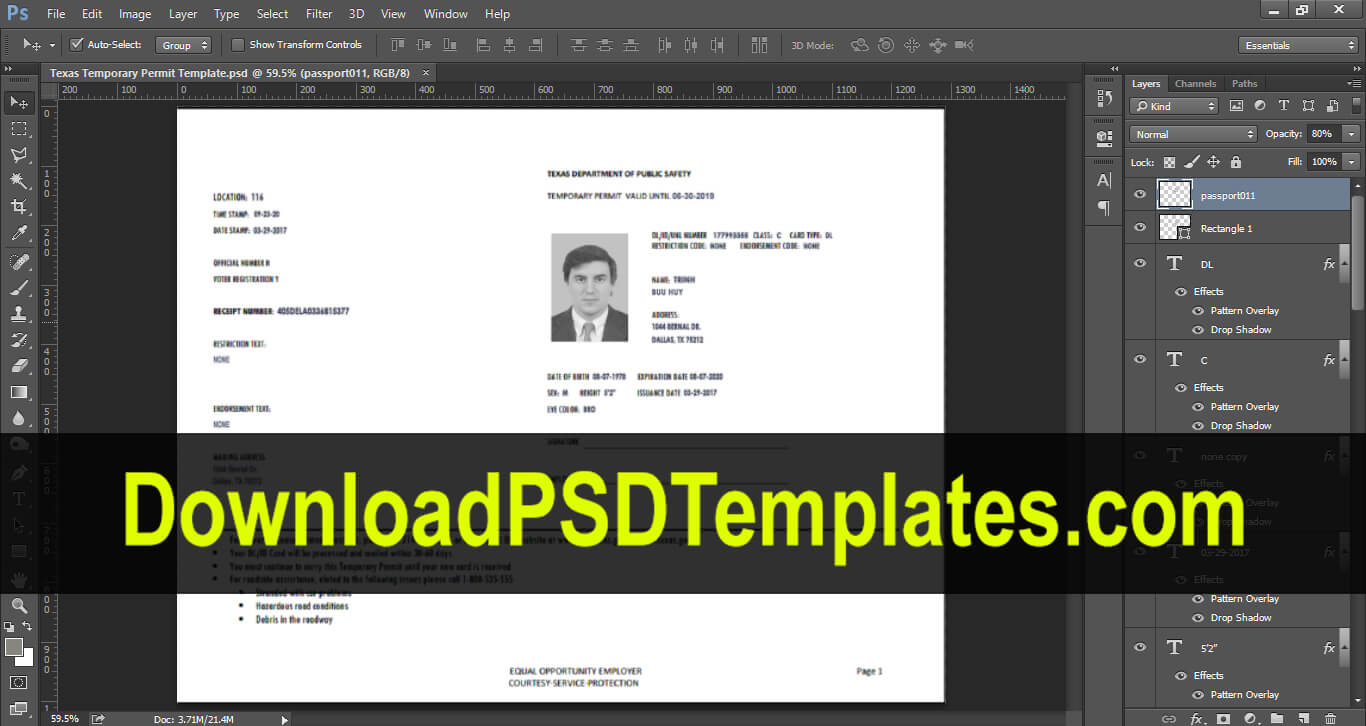 Texas Temporary Permit Template Psd Throughout Texas Id Card Template