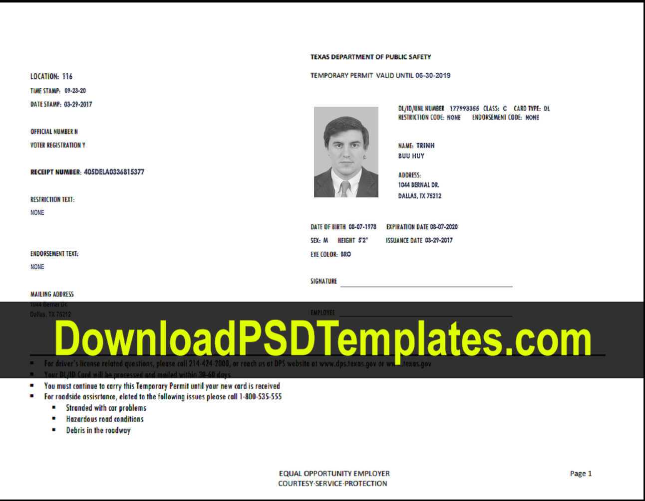 Texas Temporary Permit Template Psd With Texas Id Card Template