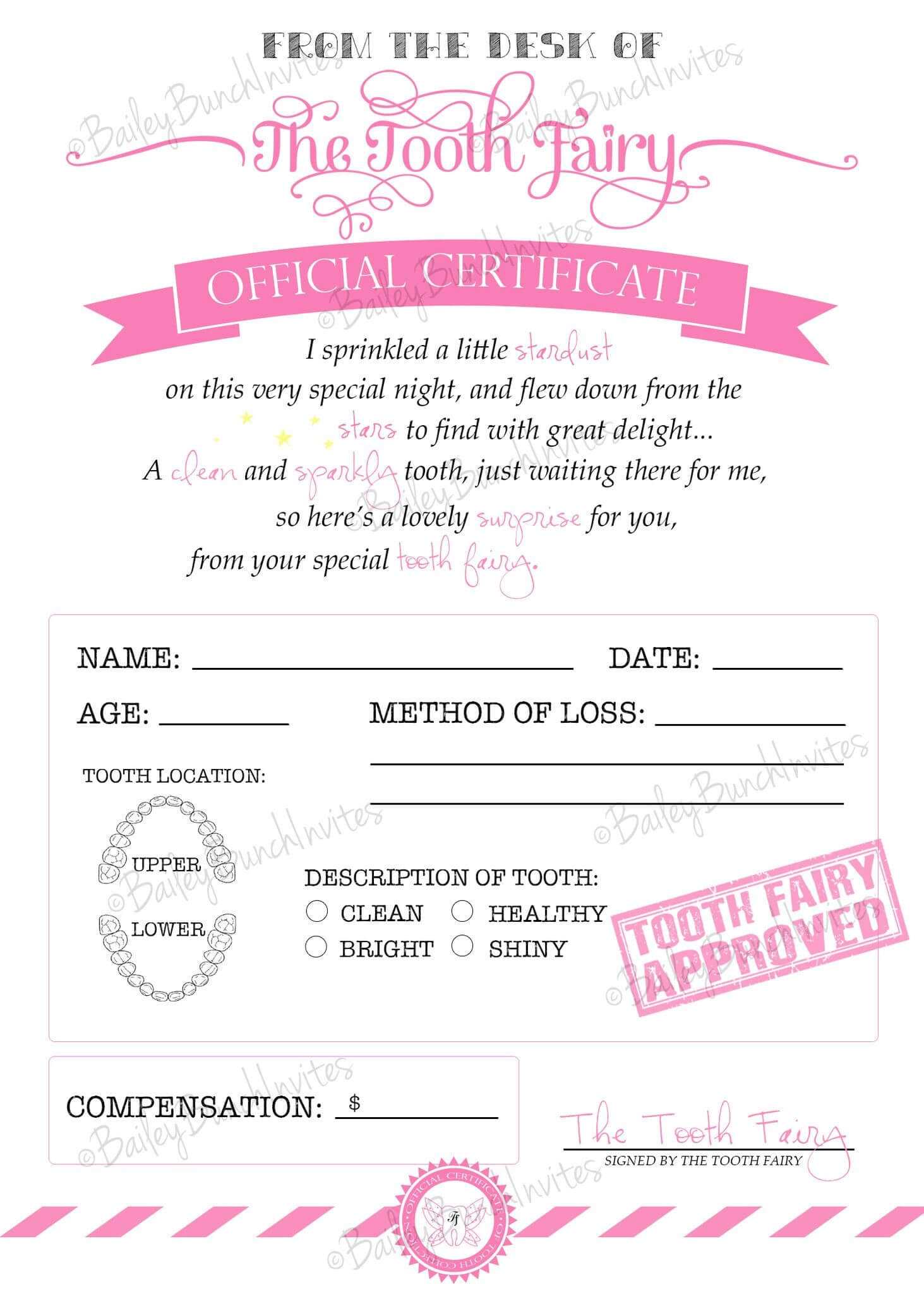 Tooth Fairy Certificate – Pink – Instant Download Inside Tooth Fairy Certificate Template Free