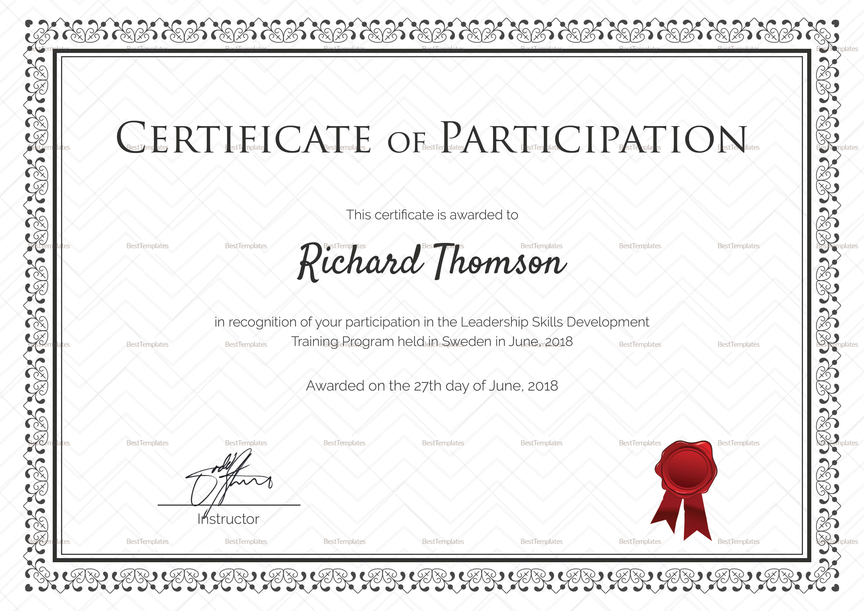 Training Participation Certificate Template Inside Free Templates For Certificates Of Participation