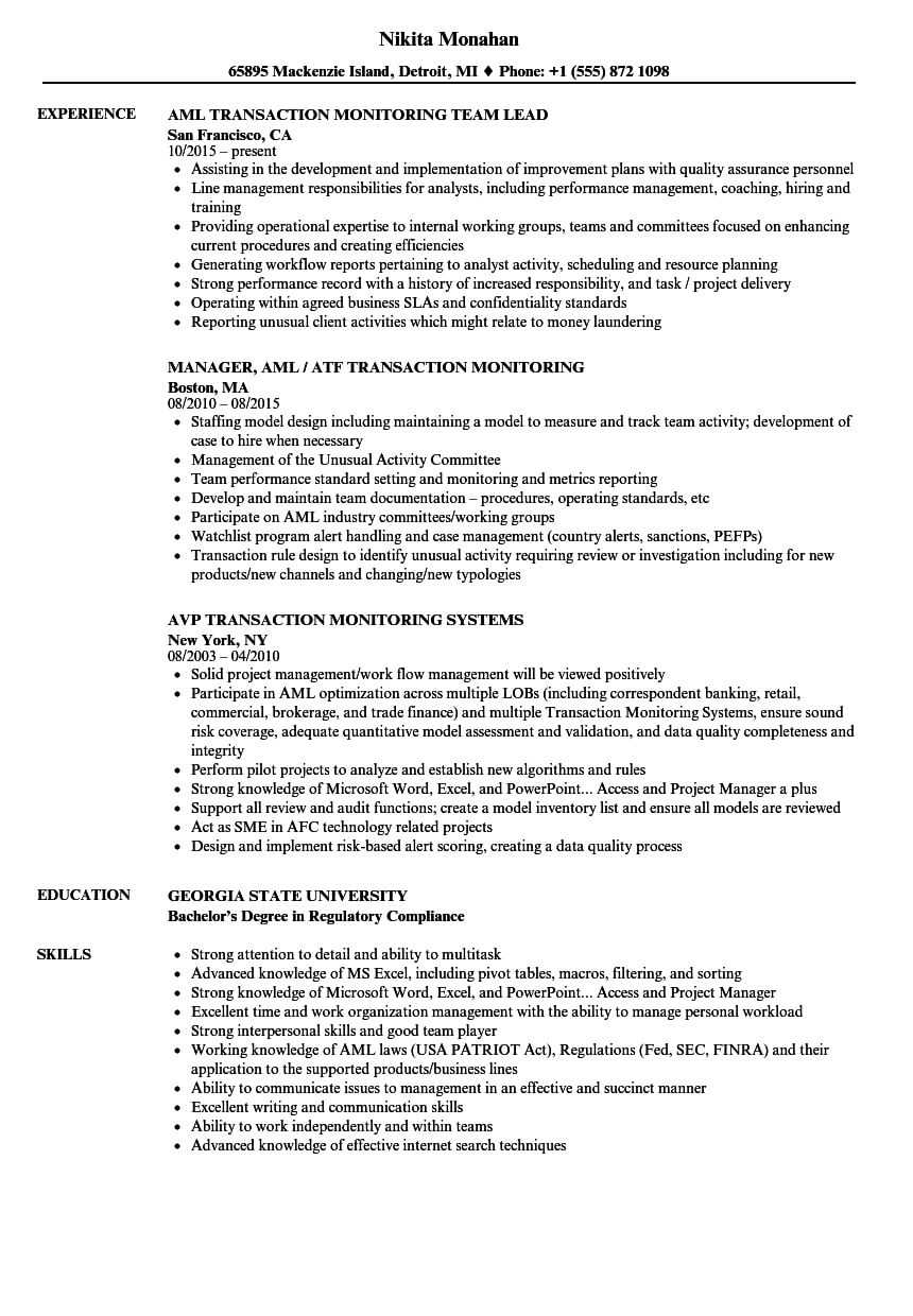 Transaction Monitoring Resume Samples | Velvet Jobs Regarding Compliance Monitoring Report Template