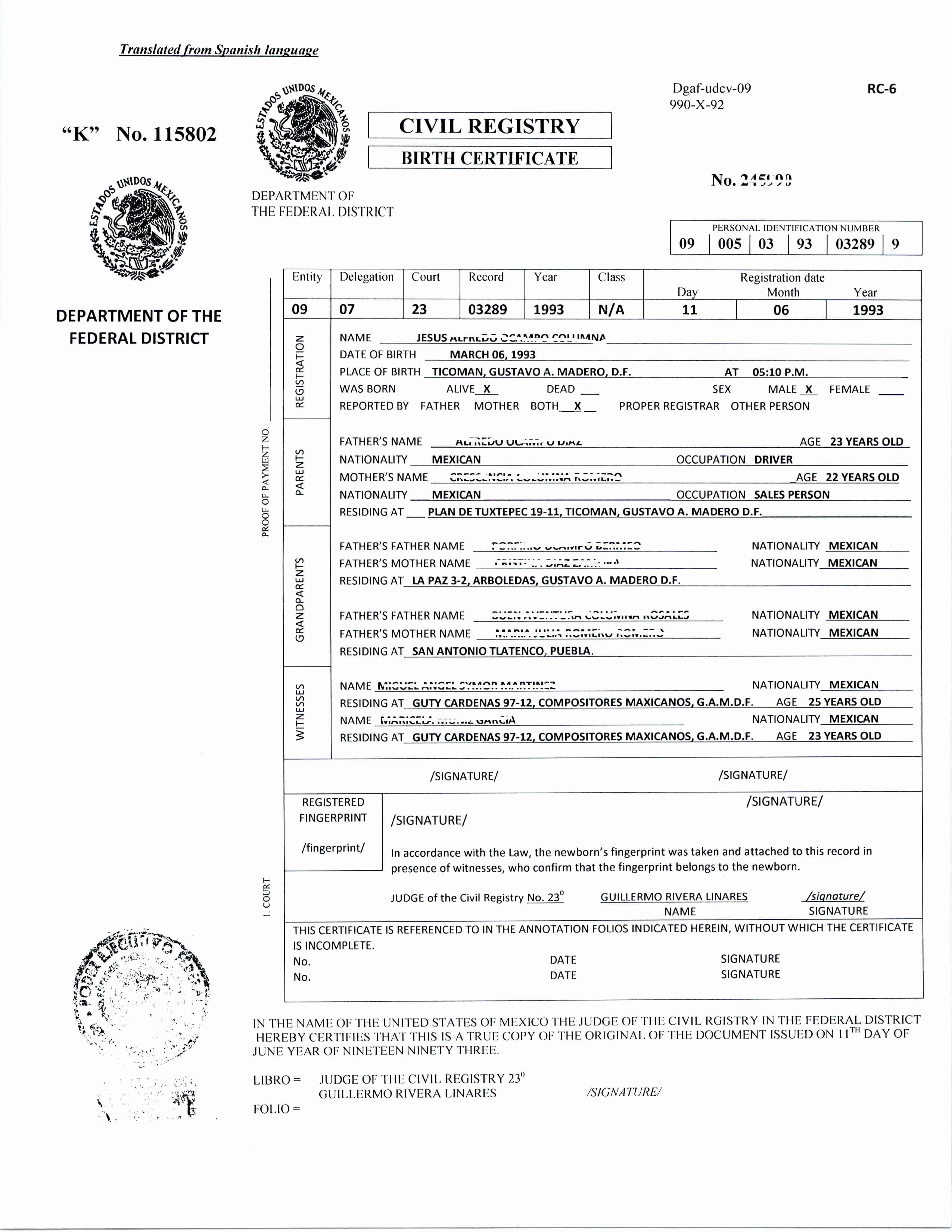 Translation Certification Statement Uscis For Birth Pertaining To Uscis Birth Certificate Translation Template