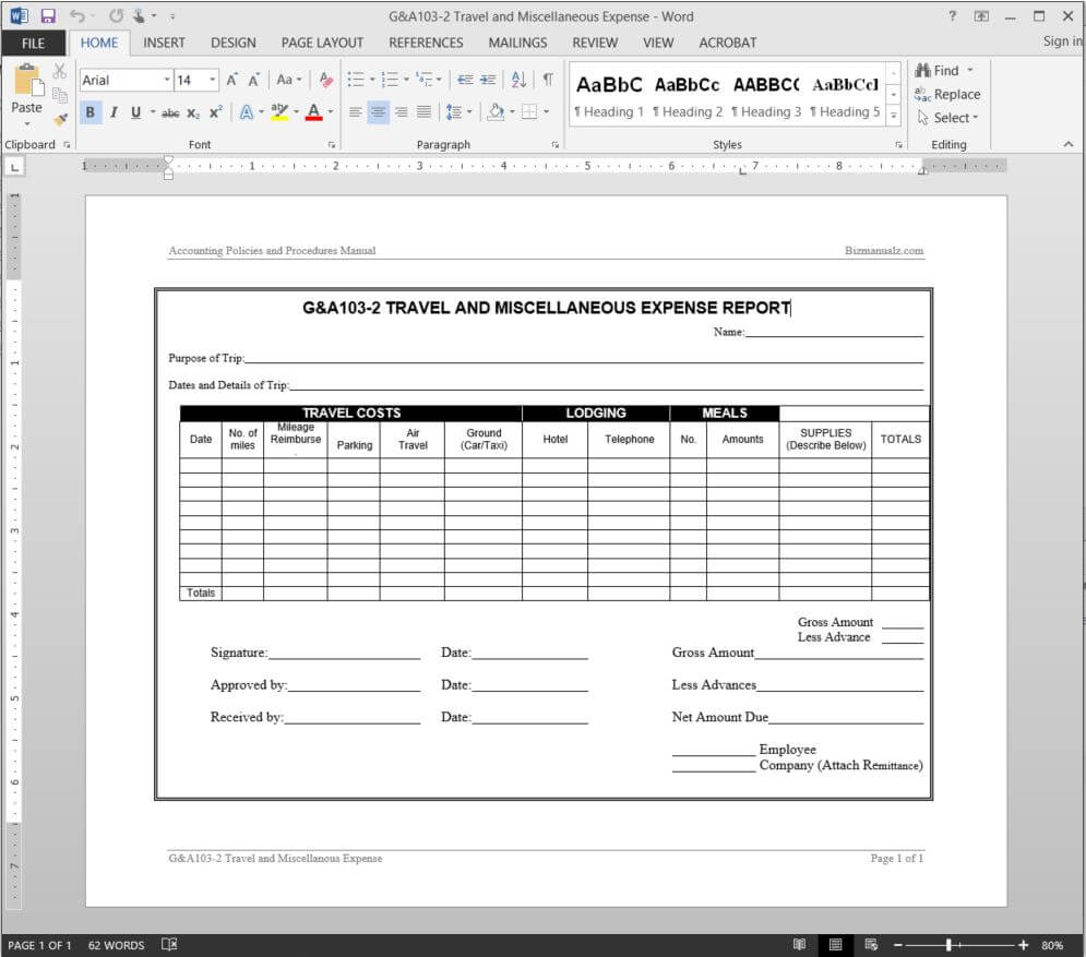 Travel Miscellaneous Expense Report Template | G&a103 2 Pertaining To Capital Expenditure Report Template