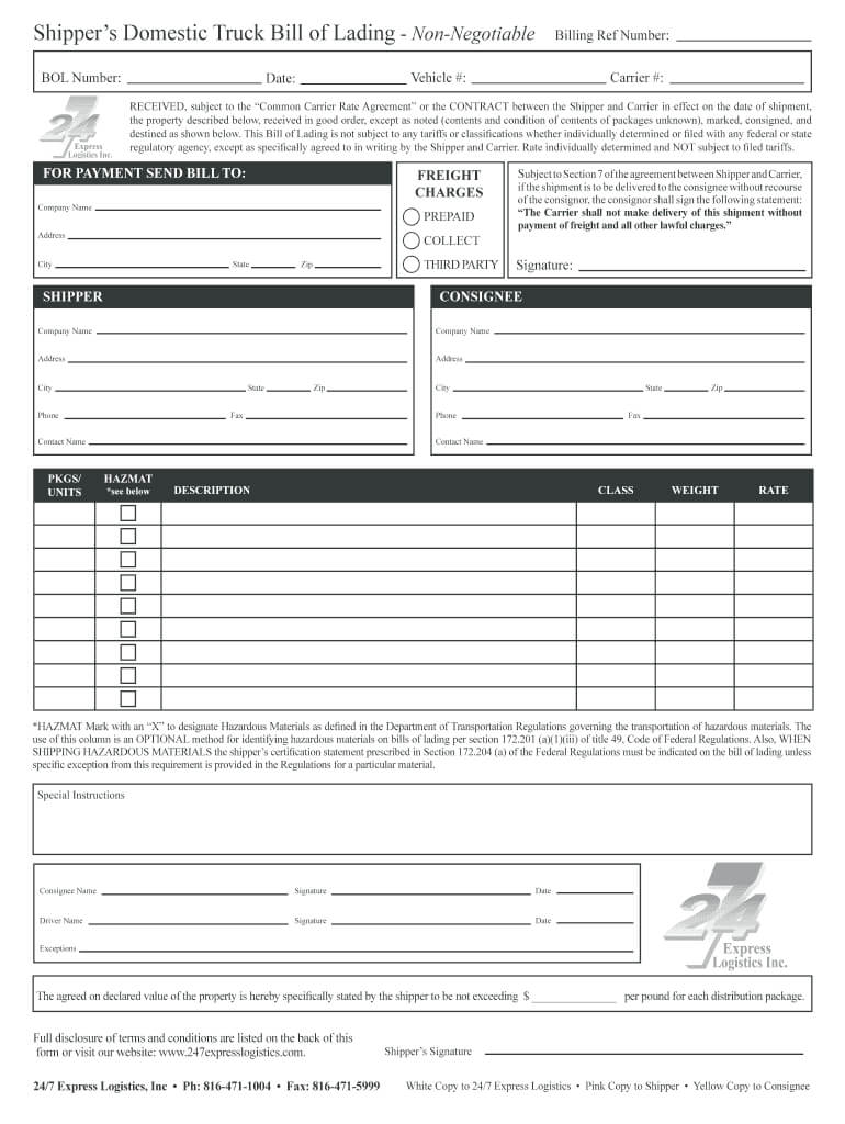 Truck Bill Of Lading – Fill Online, Printable, Fillable In Blank Bol Template