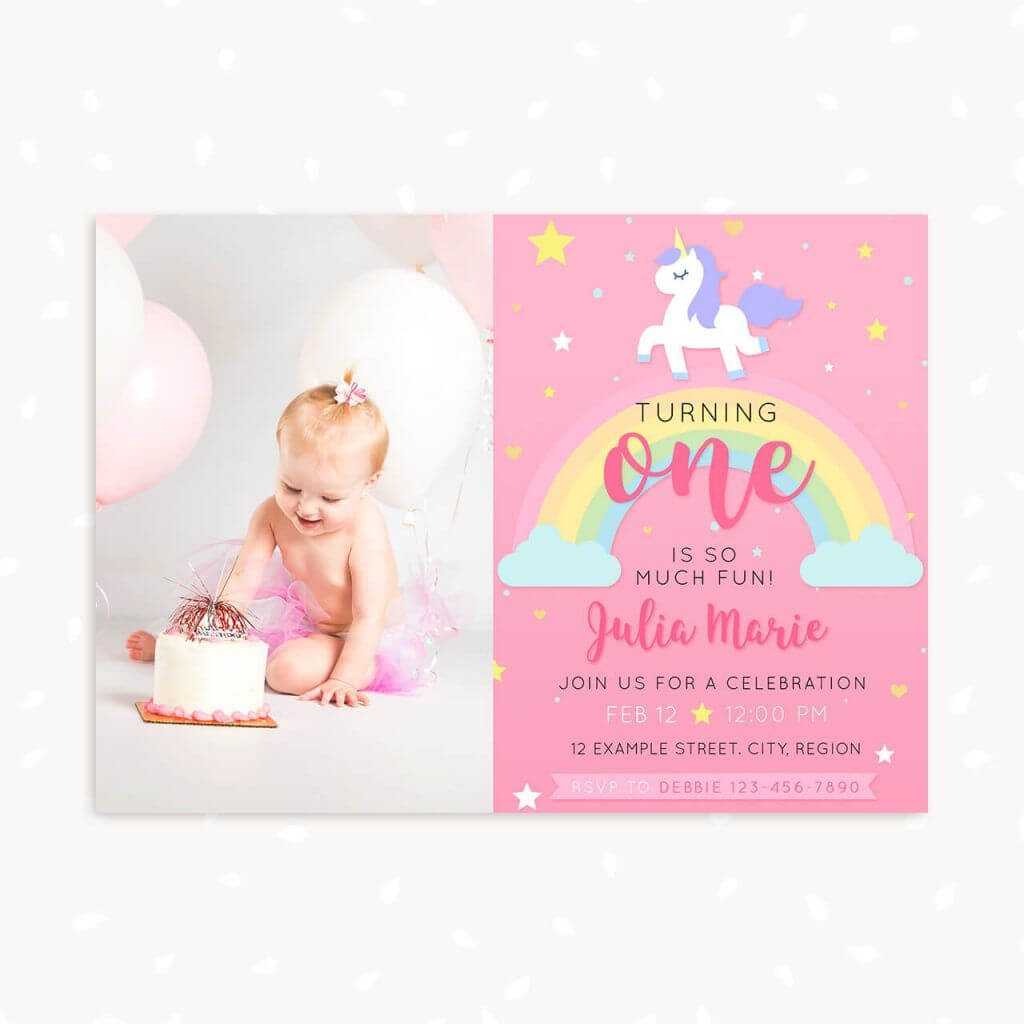 Unicorn First Birthday Invitation Template With Photo Pertaining To First Birthday Invitation Card Template