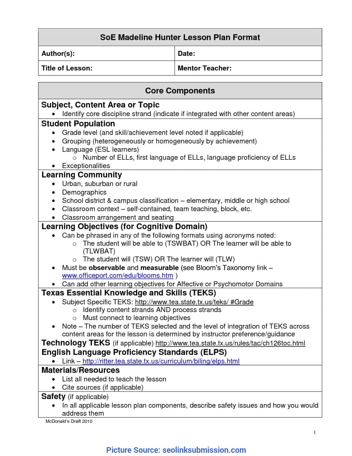 Unusual A Modern Version Of Madeline Hunter Lesson Plan Pertaining To Madeline Hunter Lesson Plan Template Blank