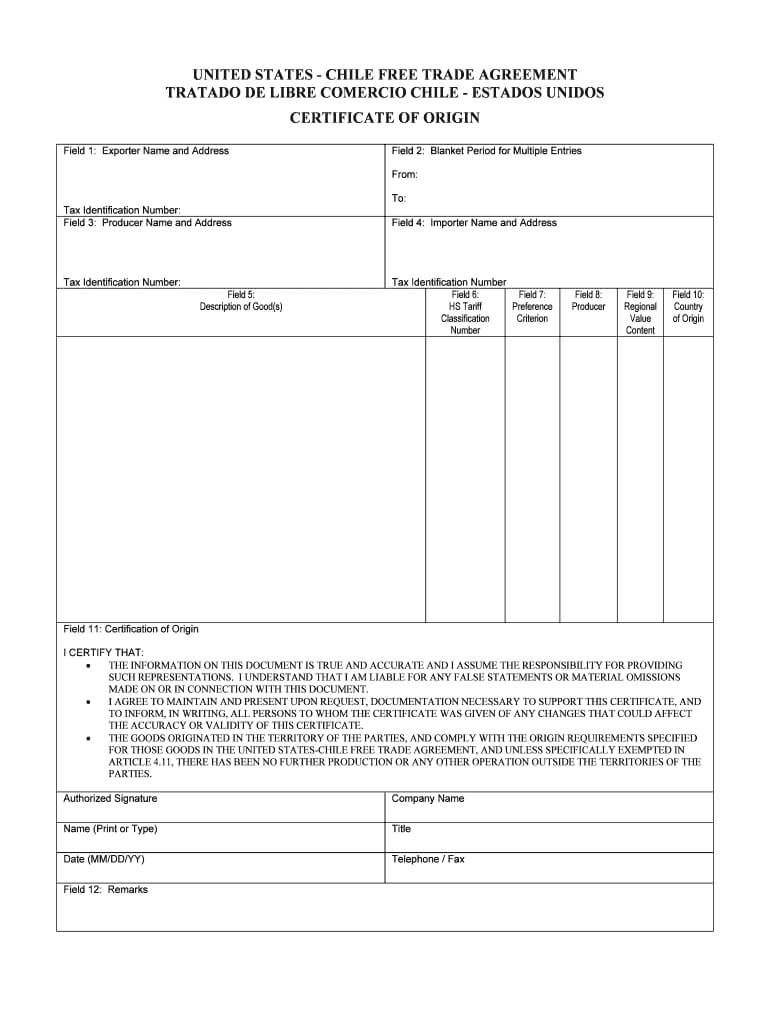 Us Chile Certificate Of Origin – Fill Online, Printable Regarding Certificate Of Origin Form Template