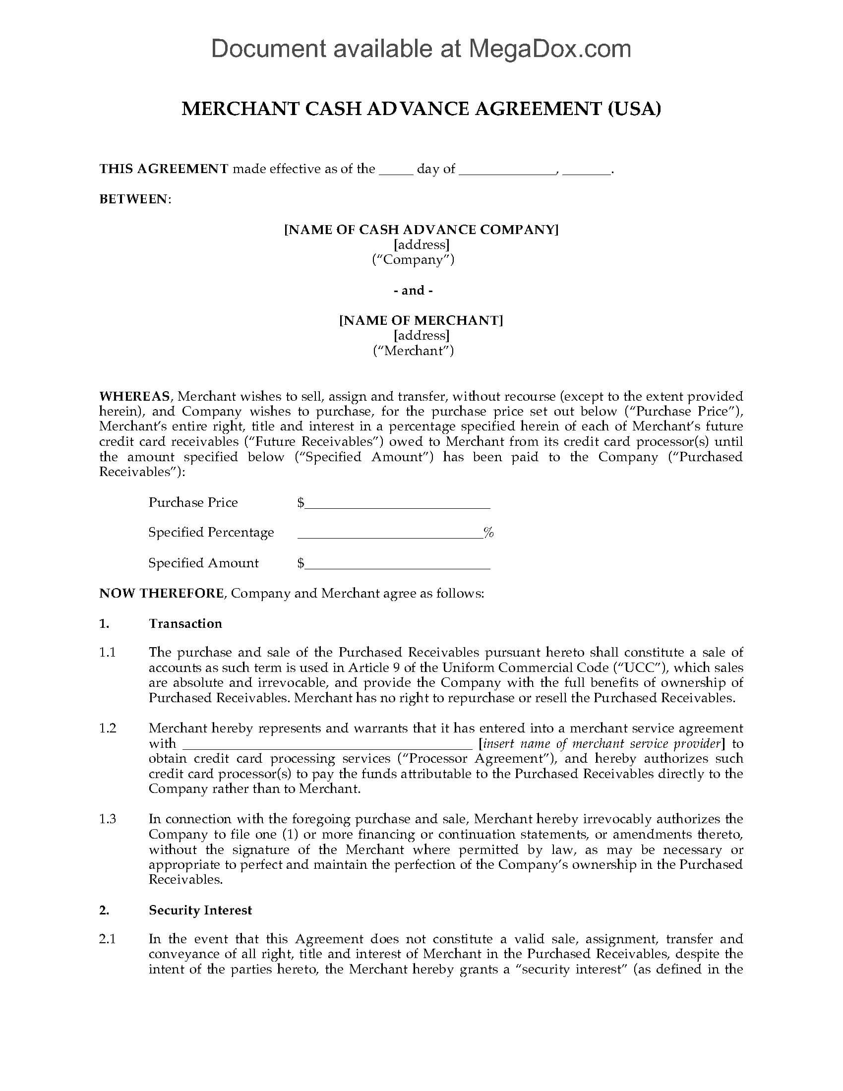 Usa Merchant Cash Advance Agreement Pertaining To Corporate Credit Card Agreement Template