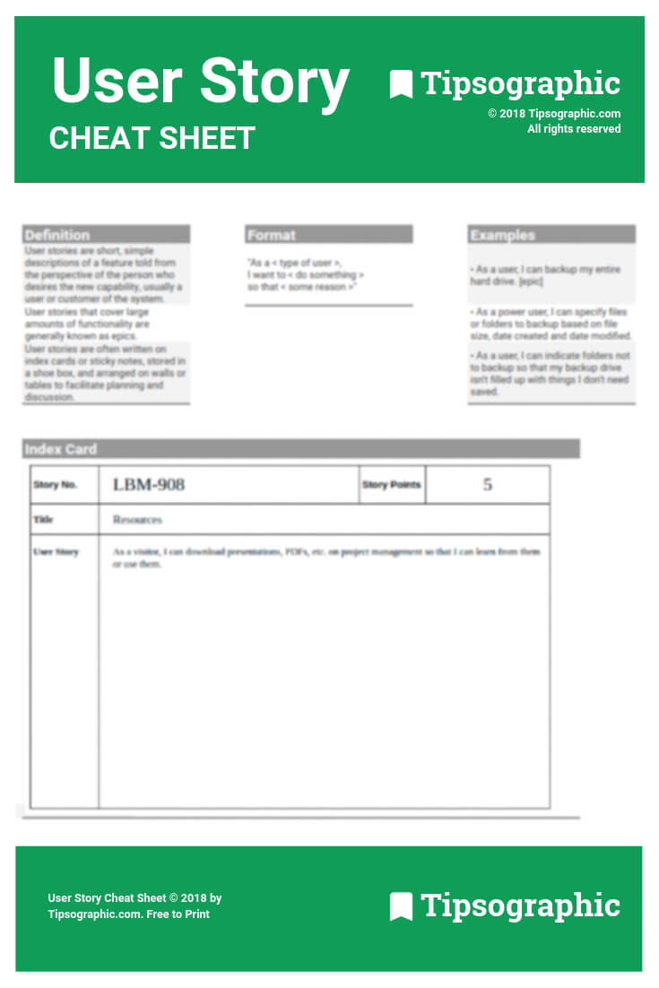 User Story Cheat Sheet | Project Management | User Story Intended For Agile Story Card Template