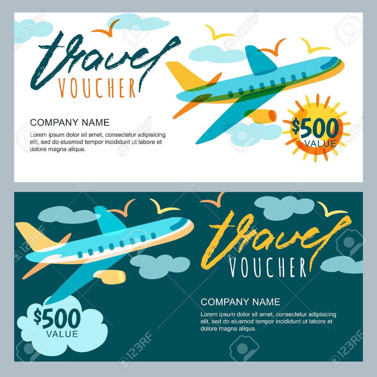 Vector Gift Travel Voucher Template. Multicolor Flying Airplane.. For Free Travel Gift Certificate Template