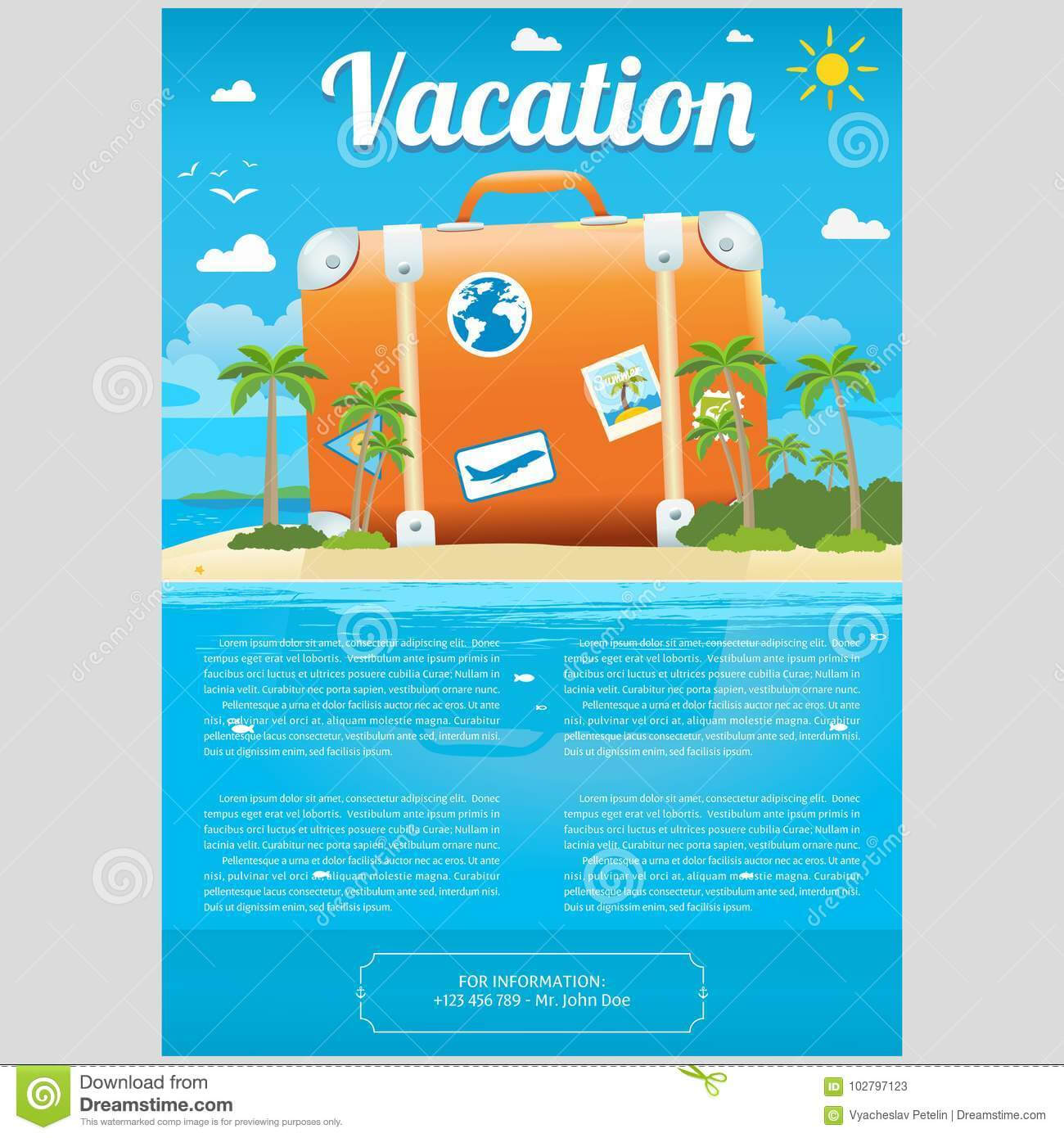 Vector Illustration Of Travel Suitcase On The Sea Island Inside Island Brochure Template