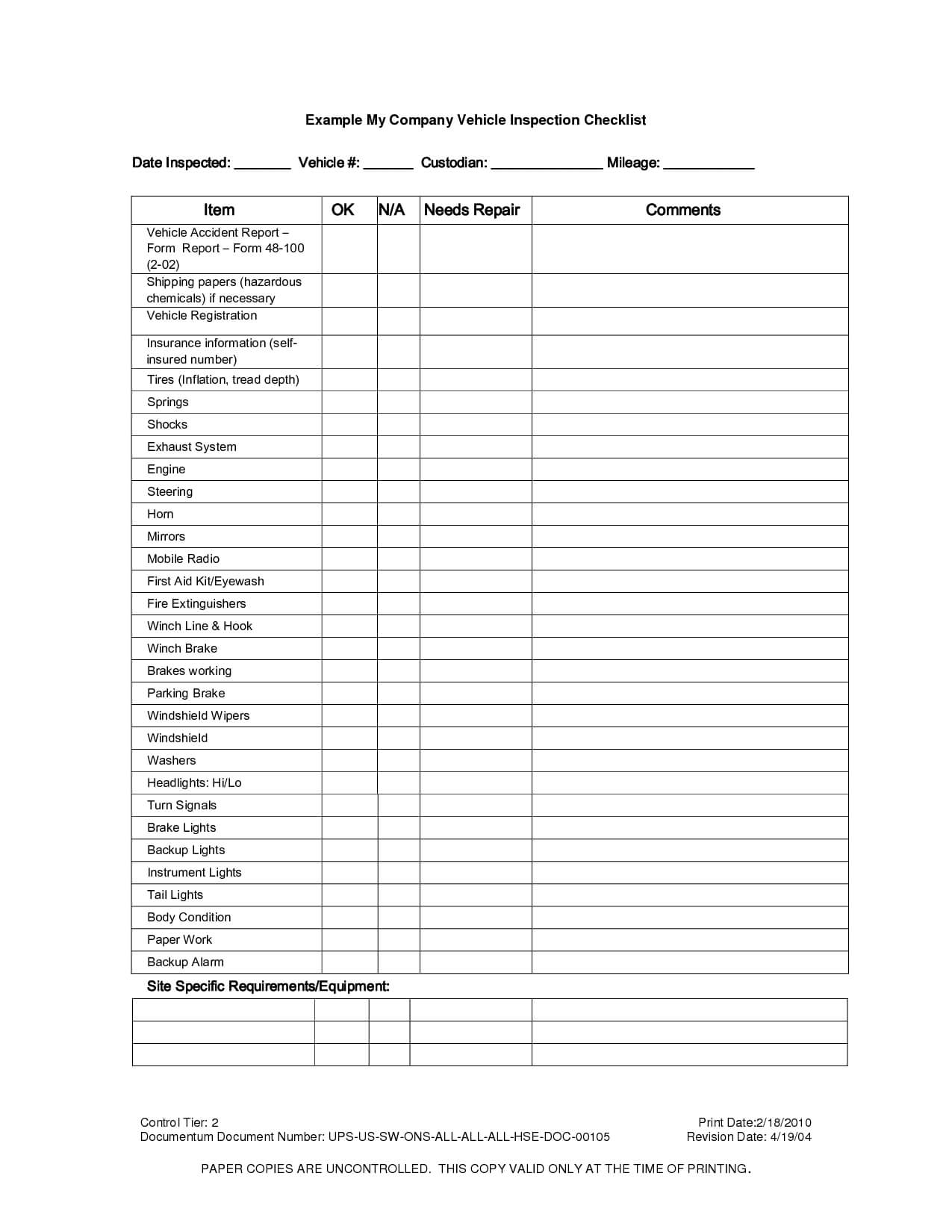 Vehicle Inspection Checklist Template | Vehicle Inspection Within Machine Shop Inspection Report Template