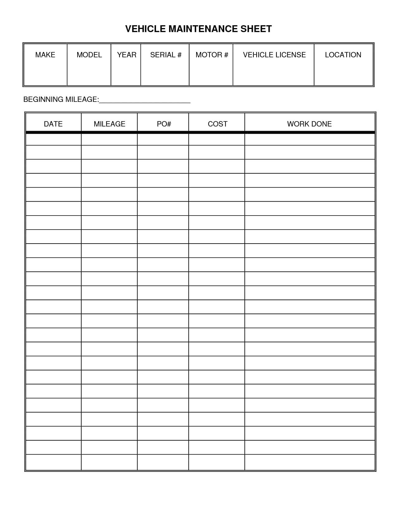 Vehicle Maintenance Log Sheet Template | Vehicle Maintenance For Mechanic Job Card Template