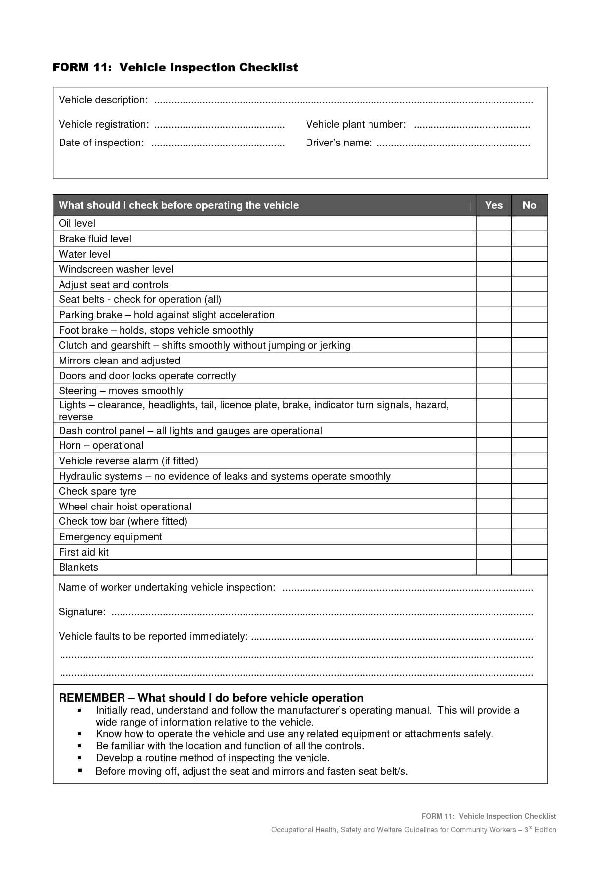 Vehicle Safety Inspection Checklist Form | Vehicle With Regard To Vehicle Inspection Report Template