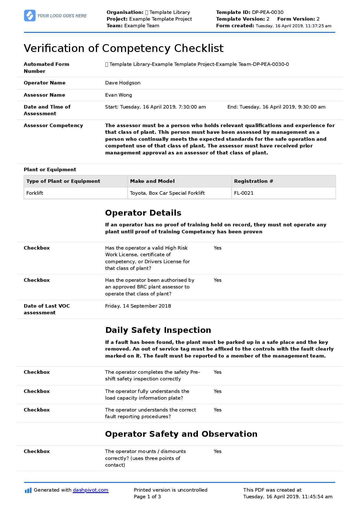 Verification Of Competency Template (Free And Editable Voc Form) With Regard To Equipment Fault Report Template