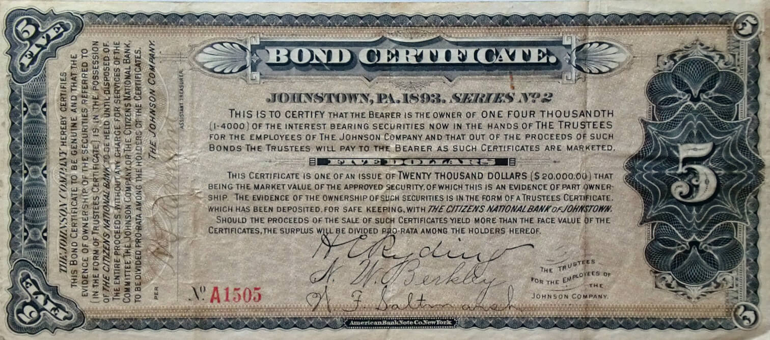 Vintage Johnstown 1893 Bond Certificate Template Within Corporate Bond Certificate Template