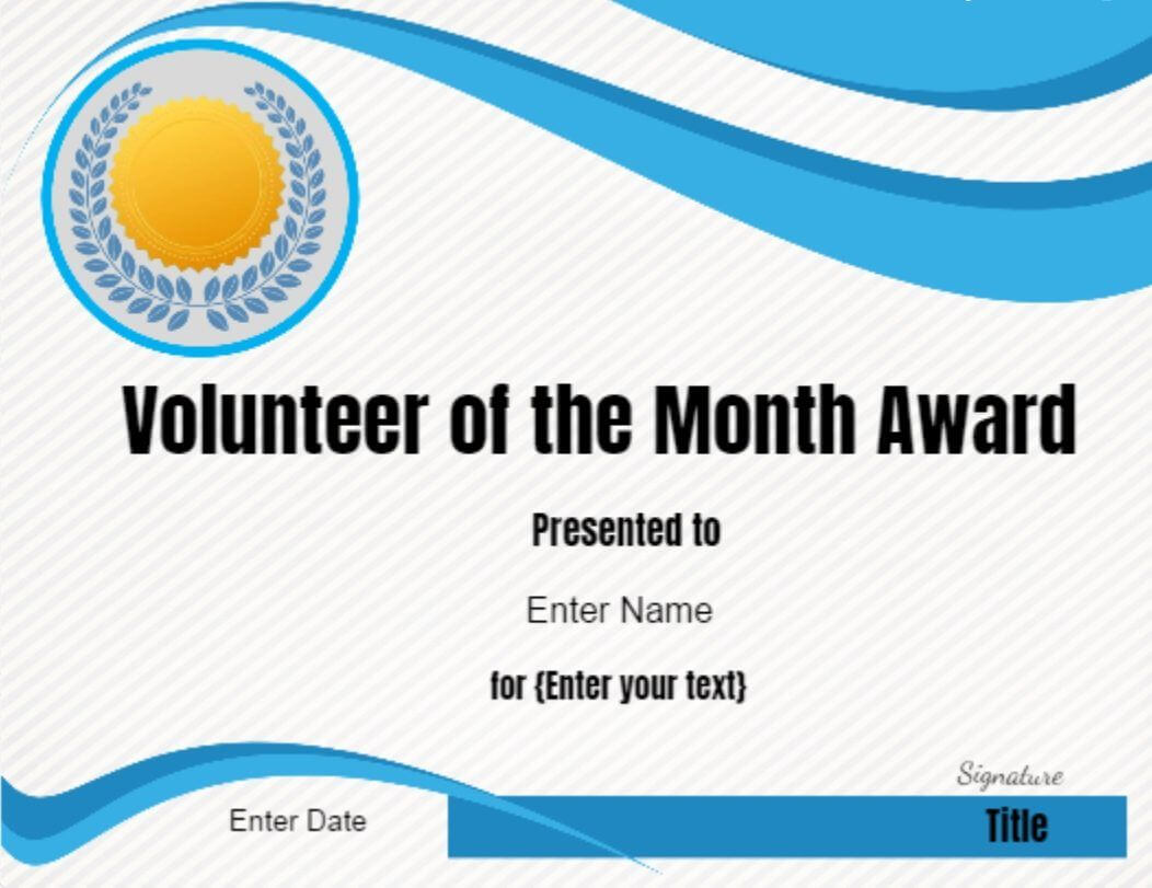 Volunteer Of The Month Certificate Template In 2019 In Volunteer Award Certificate Template