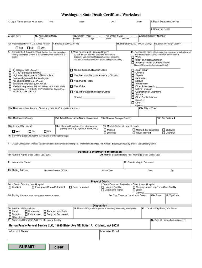 Washington State Death Certificate Worksheet – Fill Online Throughout Baby Death Certificate Template