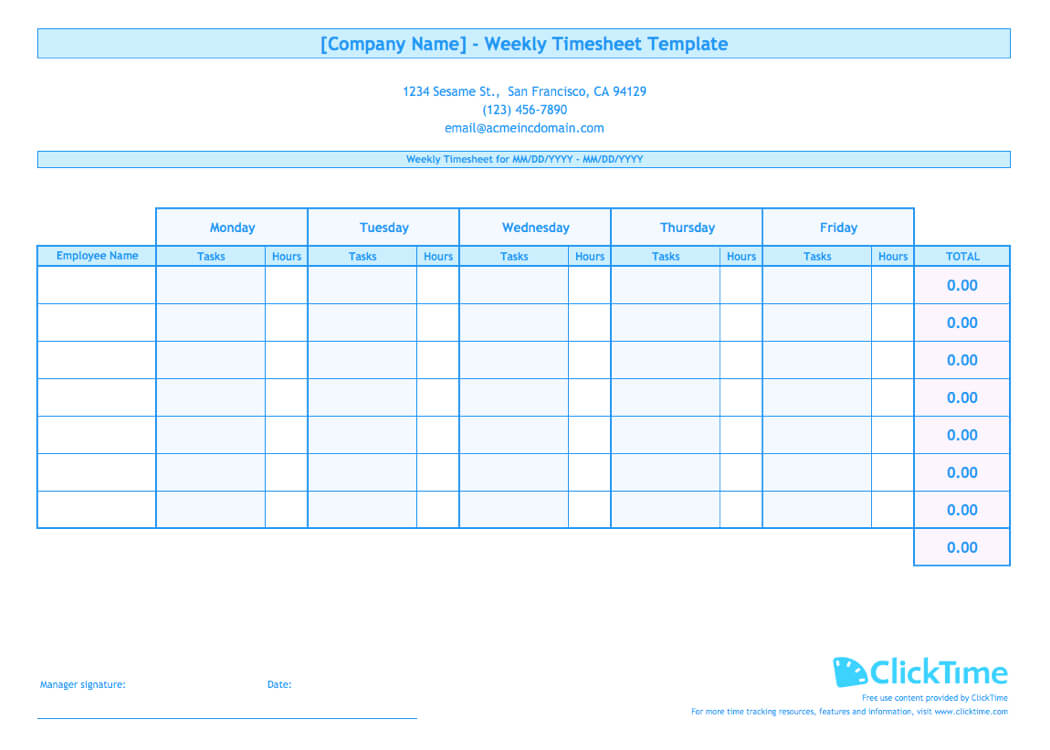 Weekly Timesheet Template For Multiple Employees | Clicktime Regarding Weekly Time Card Template Free