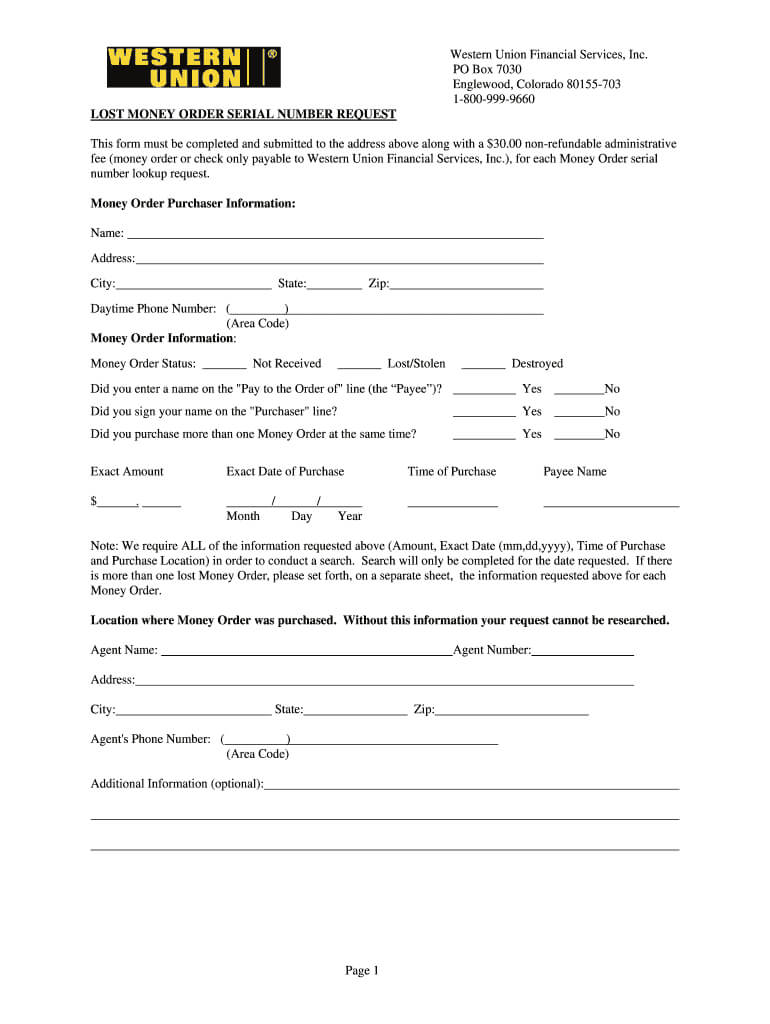 Western Union Form – Fill Online, Printable, Fillable, Blank Pertaining To Blank Money Order Template