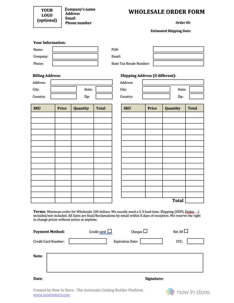 Wholesale Order Form Template – Create Your Own For Free Within Order Form With Credit Card Template