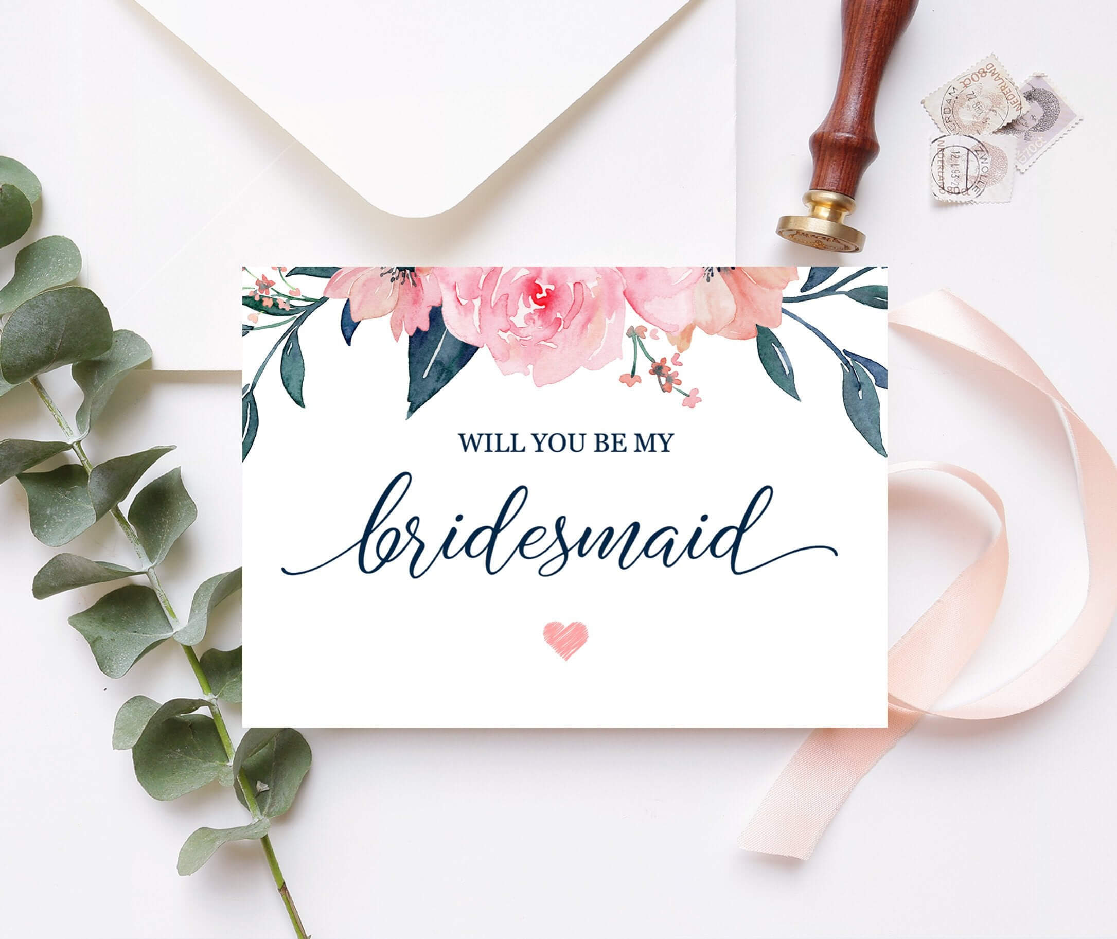 Will You Be My Bridesmaid Card Bridesmaid Proposal Card Floral Bridesmaid  Card Maid Of Honor Proposal Pink Navy Printable 100 03Bp With Will You Be My Bridesmaid Card Template
